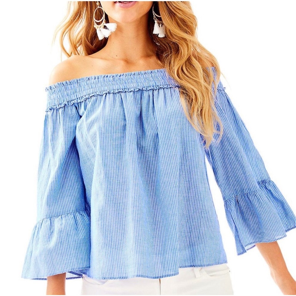 Lilly Pulitzer Moira Top Blue White Striped Off Shoulder Bell Sleeve XS